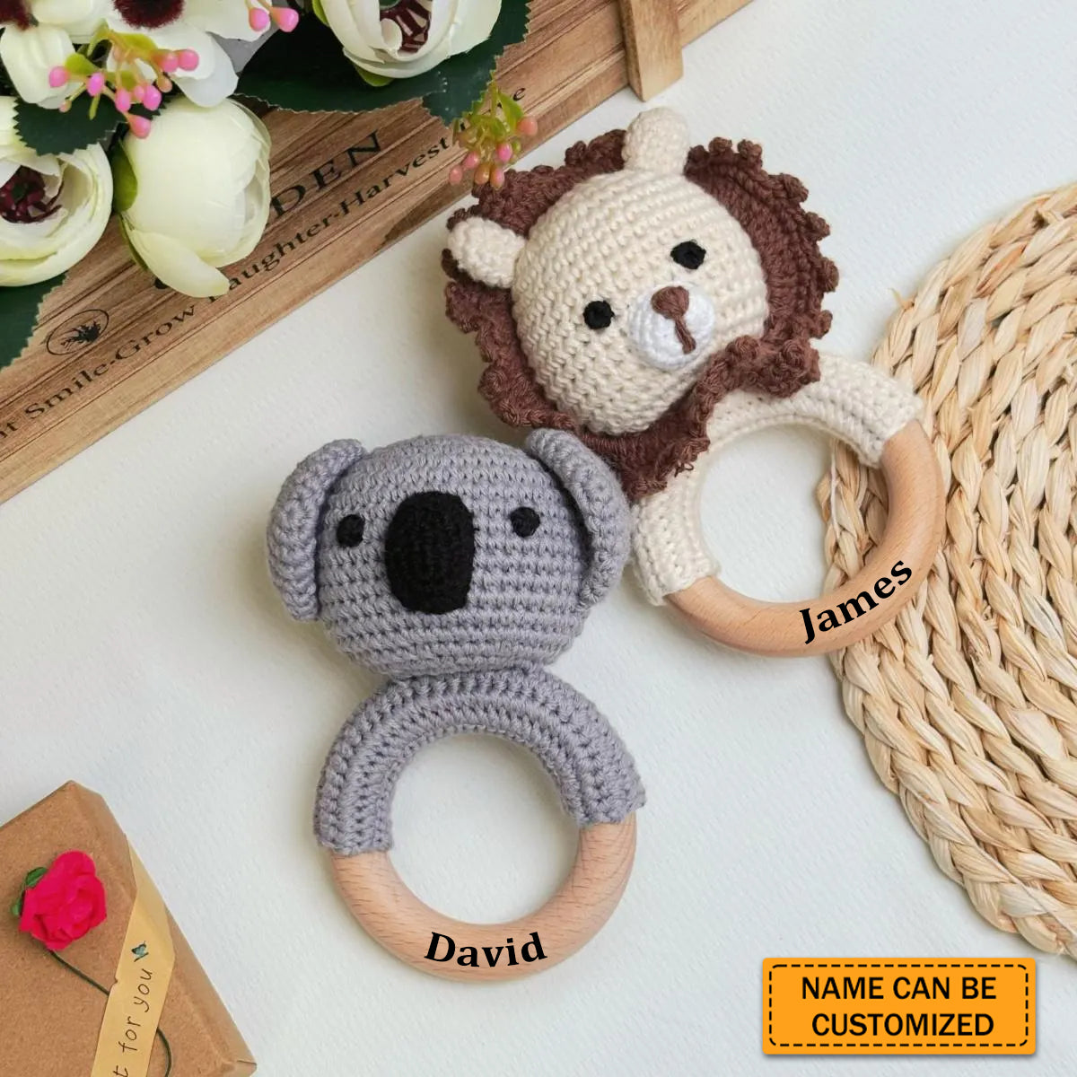 Personalized Toy Rattle - Animal Crochet Baby Teether Bites Wood