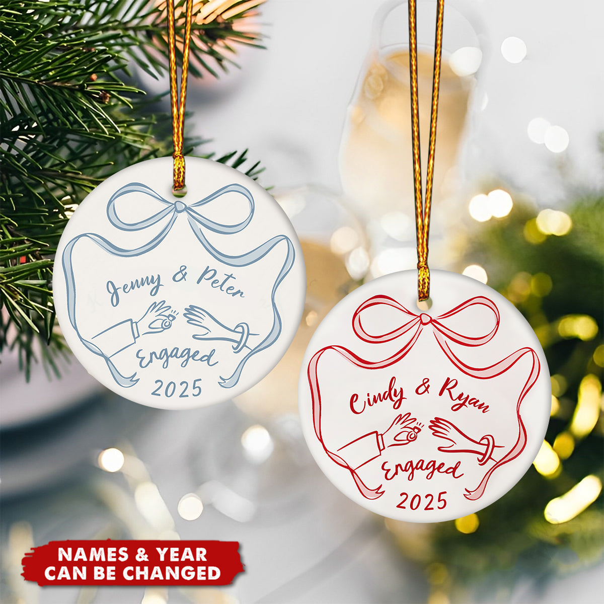 First Christmas Engaged Personalized Ceramic Ornament - Engagement Gift for Couples