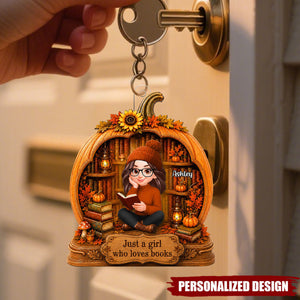 Personalized Who Loves Books Fall Pumpkin Acrylic Keychain - Custom Name Book Lover Autumn Key Ring