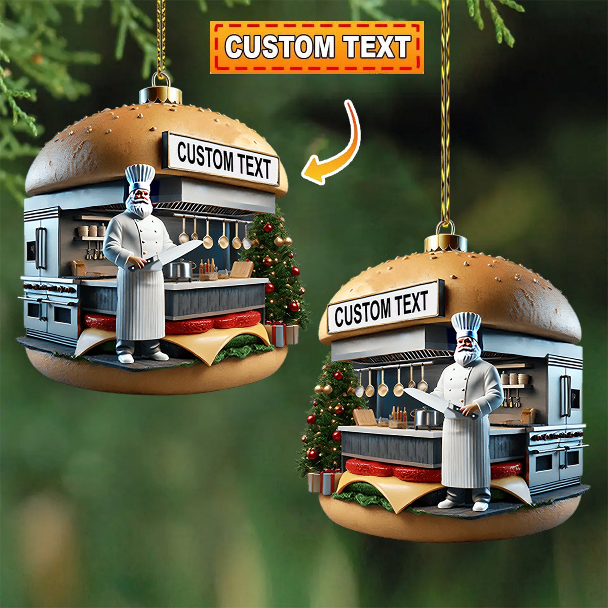 Custom Name Hamburger Shop Ornament, Hot Dog Santa Christmas Gift