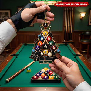 Custom Name Pool Tree Ornament, Unique Billiards Lover Holiday Decor, 8 Ball Cue Stick Pendant, Xmas Decor for Player, Gamer Keepsake