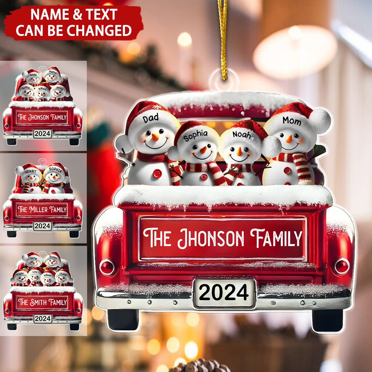 Snowman Family In Red Truck Personalized Christmas Ornament
