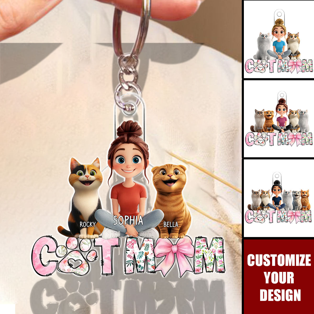 Cartoon Cat Mom Sitting - Personalized Acrylic Keychain, Gift For Cat Moms
