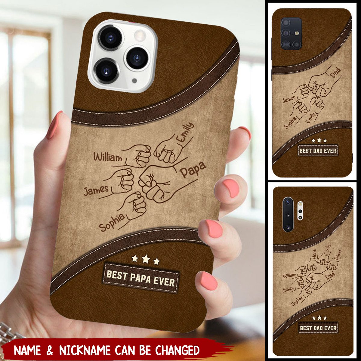 Daddy's Team Fist Bump Outline Leather Effect Personalized Phone Case
