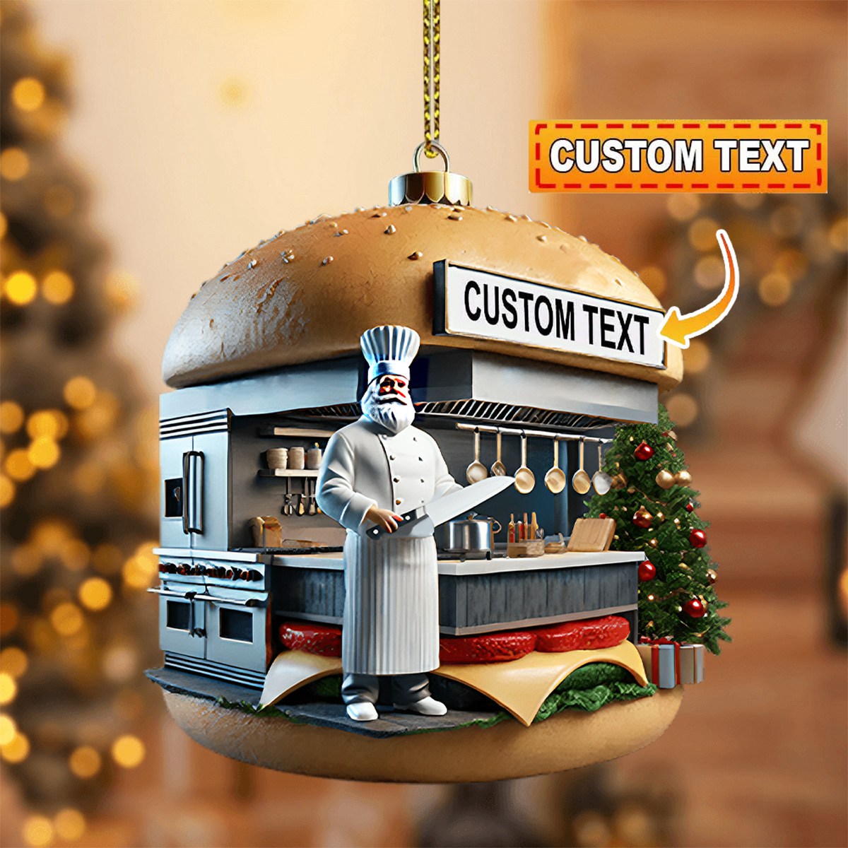 Custom Name Hamburger Shop Ornament, Hot Dog Santa Christmas Gift