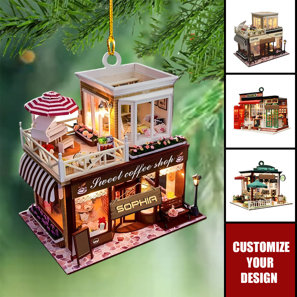 Personalized Coffee Shop Christmas Light Flat Ornament, Christmas Coffee Ornaments, Coffee Lover Xmas Gifts Caffein Ornament, Christmas Gift