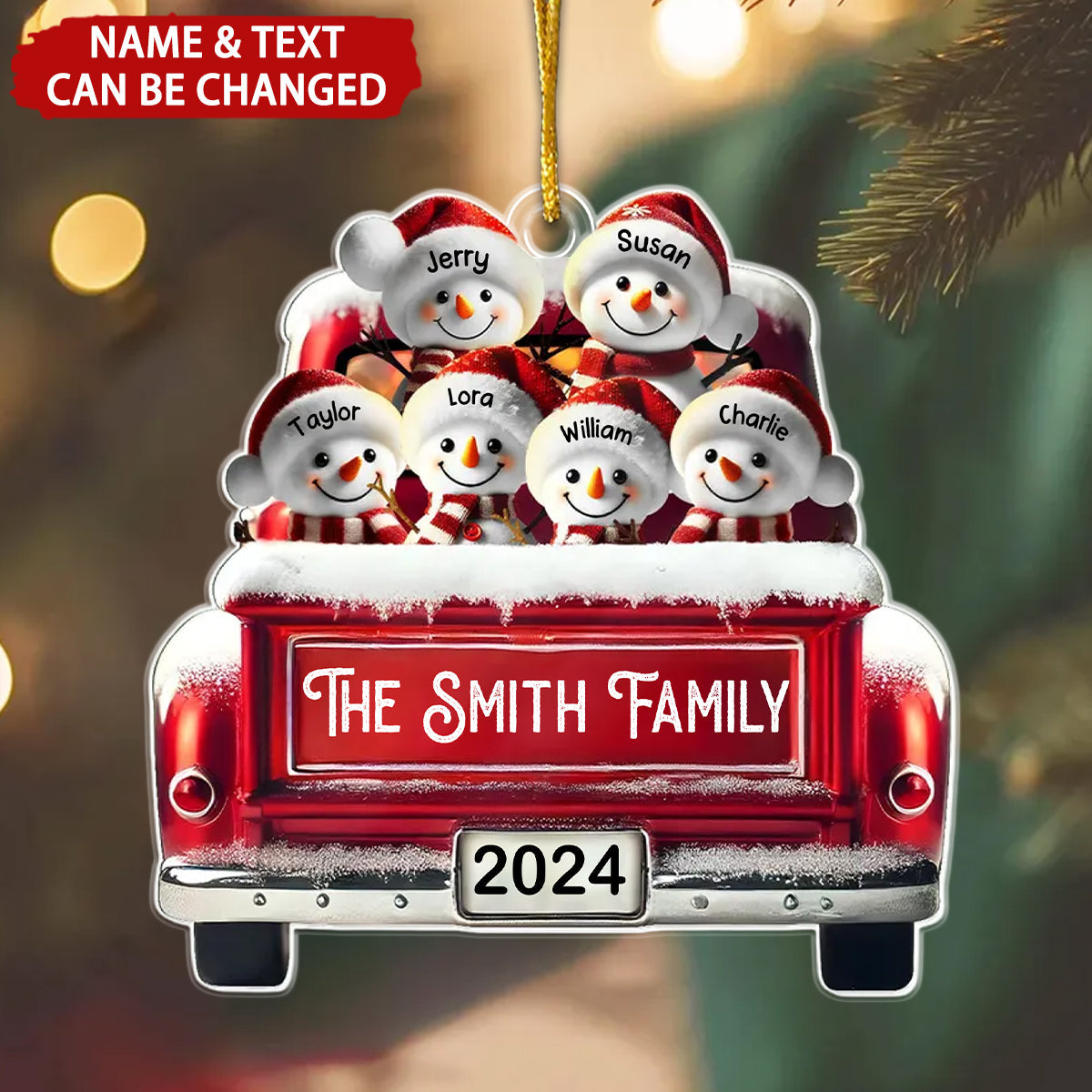 Snowman Family In Red Truck Personalized Christmas Ornament