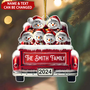 Snowman Family In Red Truck Personalized Christmas Ornament