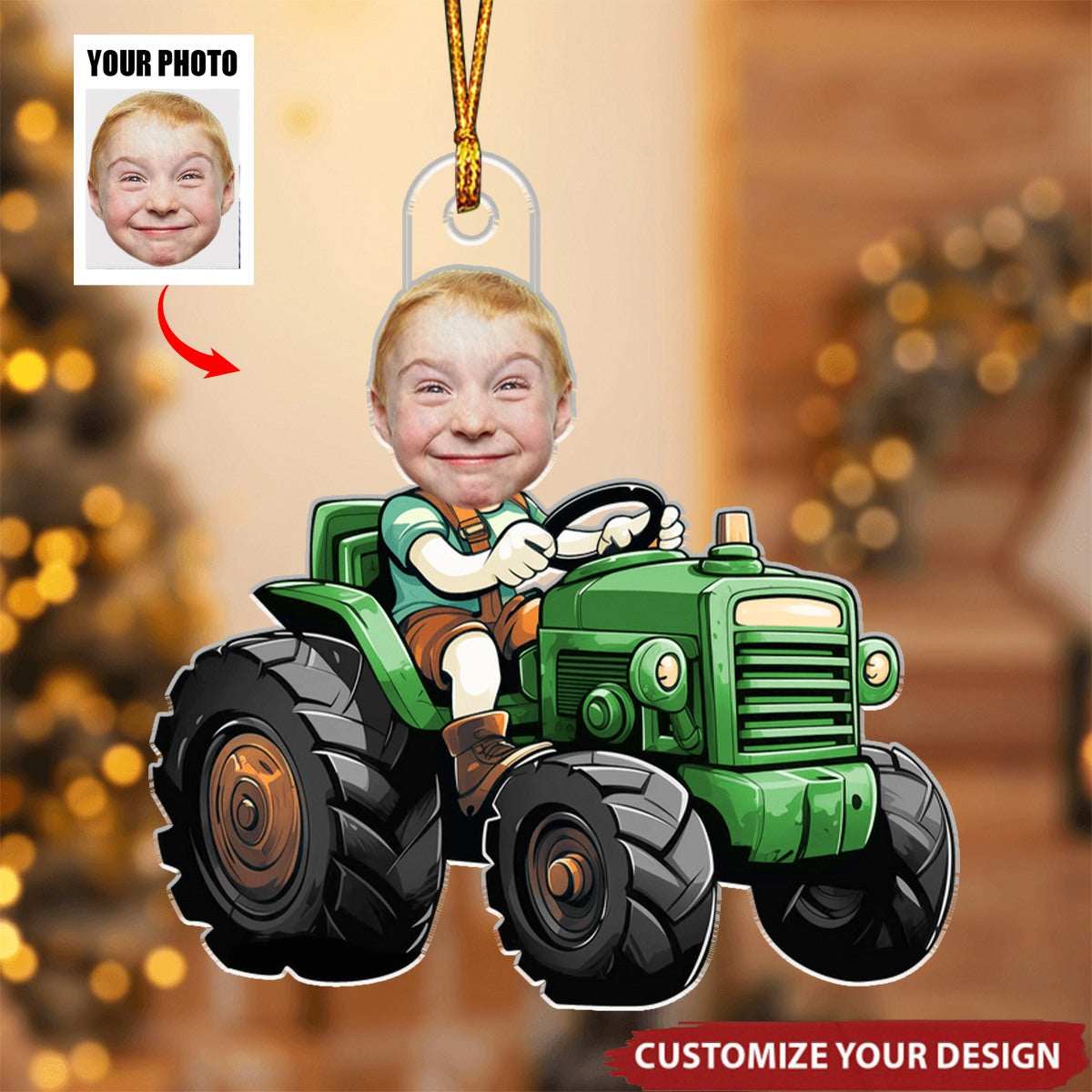 Custom Face Boy Loves Tractors - Personalized Photo Christmas Ornament