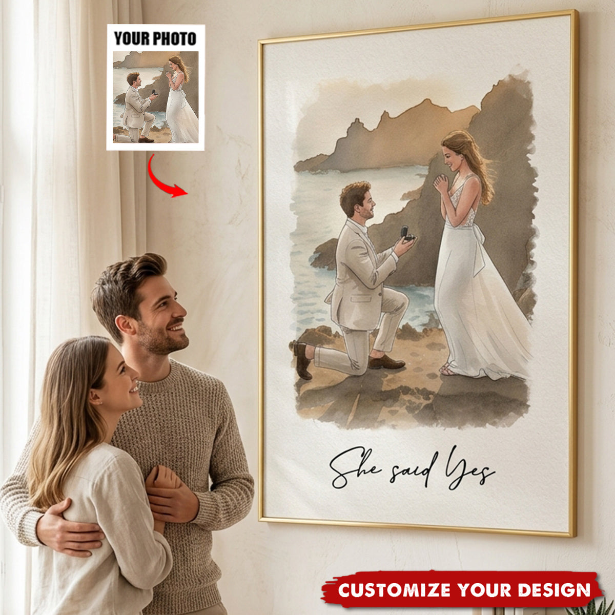 Watercolor Couple Family Pet Portrait - Personalized Poster - Anniversary Gift For Couple