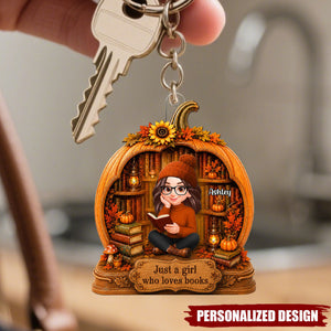 Personalized Who Loves Books Fall Pumpkin Acrylic Keychain - Custom Name Book Lover Autumn Key Ring