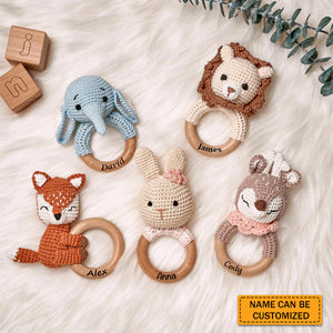 Personalized Toy Rattle - Animal Crochet Baby Teether Bites Wood