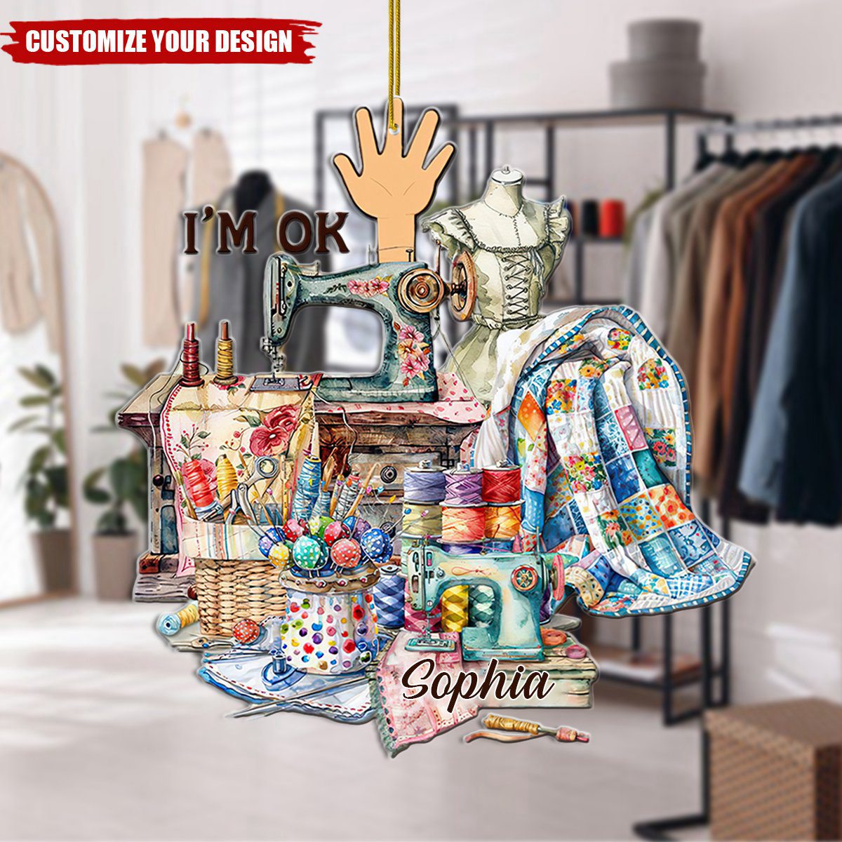 Personalized Sewing I'm Ok Ornament - Custom Knitted Acrylic Ornament Gift For Knitter
