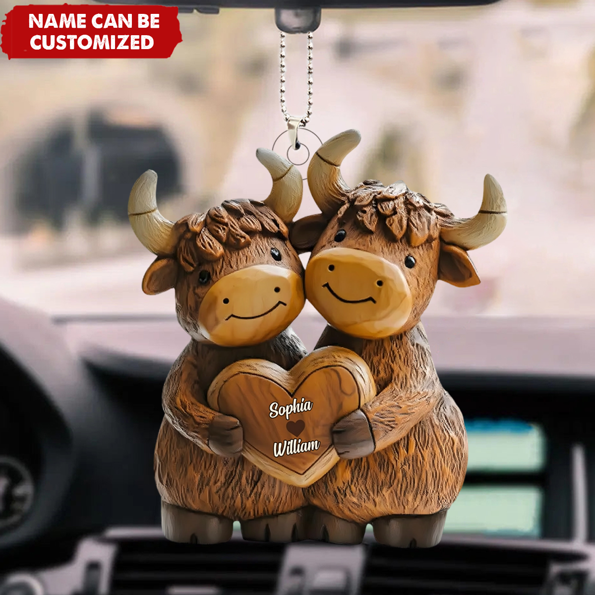 Highland Cowl Couple - Personalized Acrylic Car Ornament