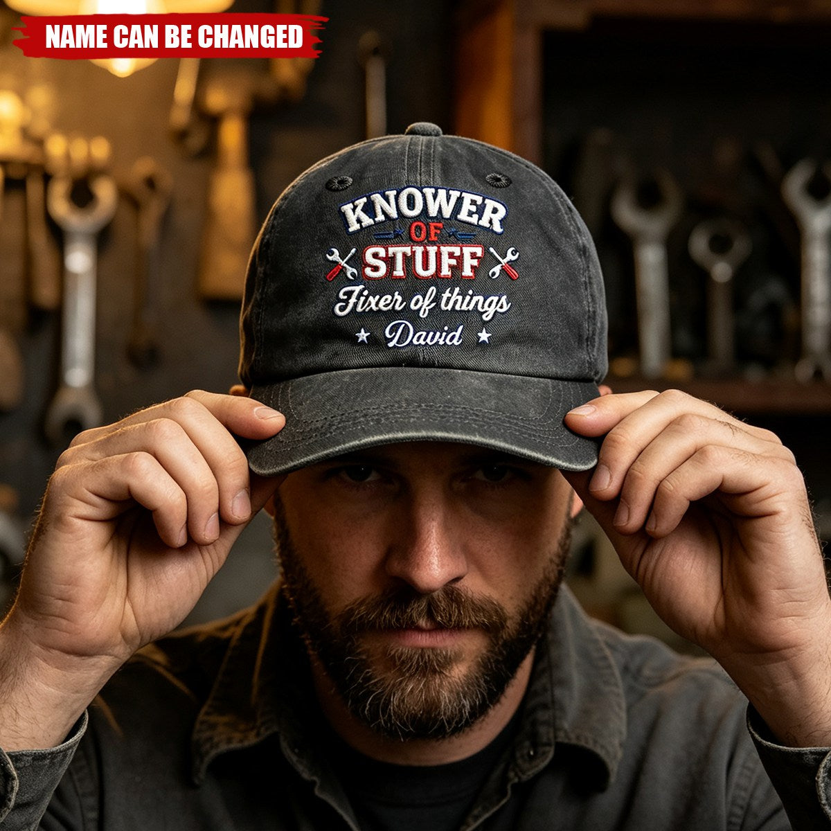 Knower Of Stuff Fixer Of Things Embroidery Effect - Personalized Vintage Washed Denim Cap