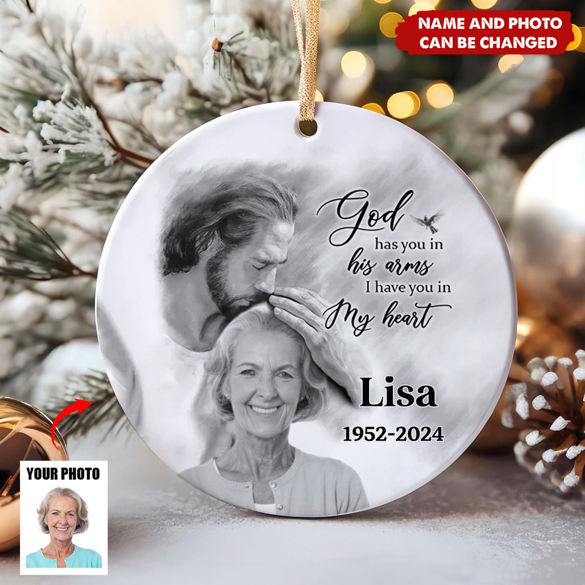 Personalized Memorial God Has You In His Arms Circle Ceramic Ornament