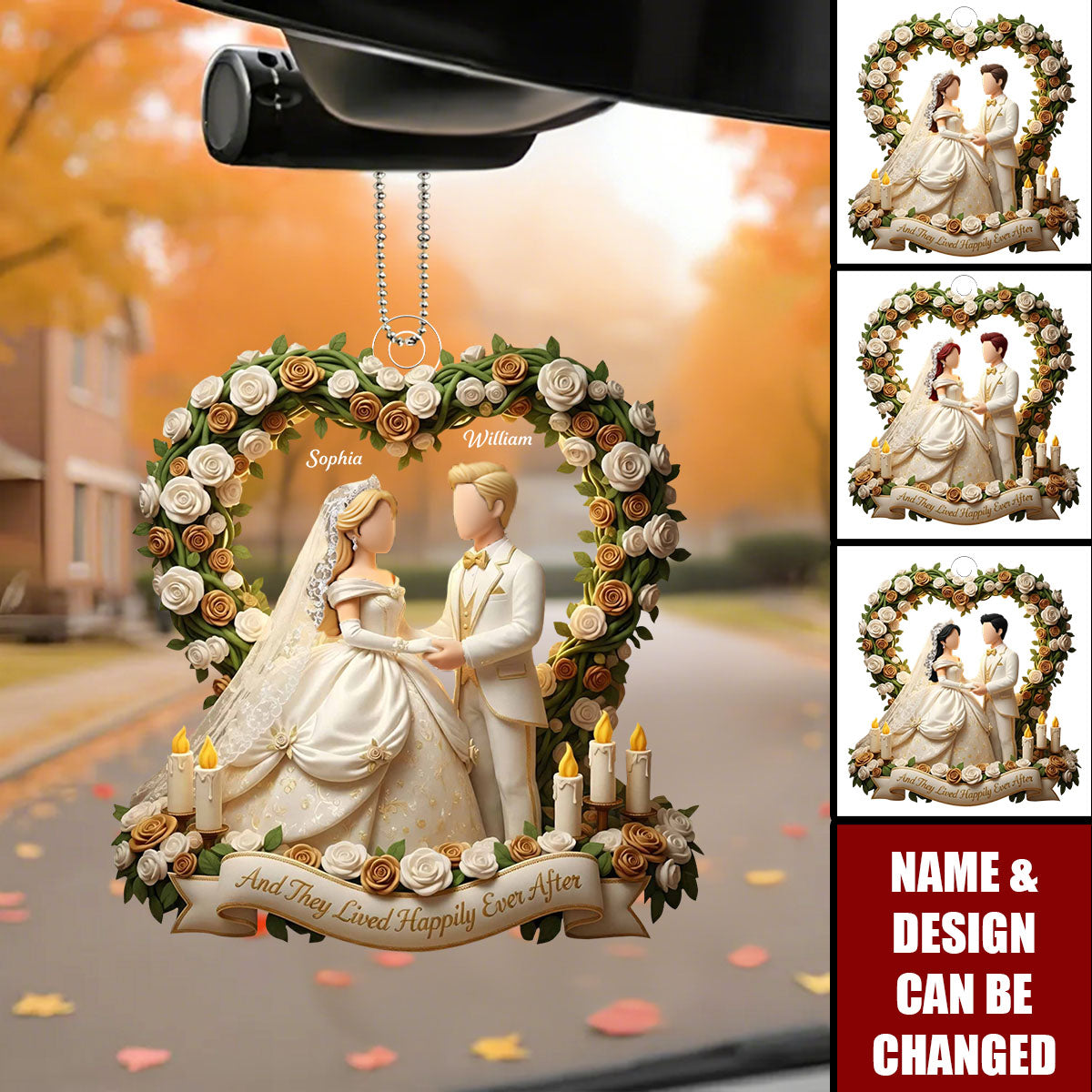 And They Lived Happily Ever After Bridal Couple and Roses, Custom Acrylic Car Ornament
