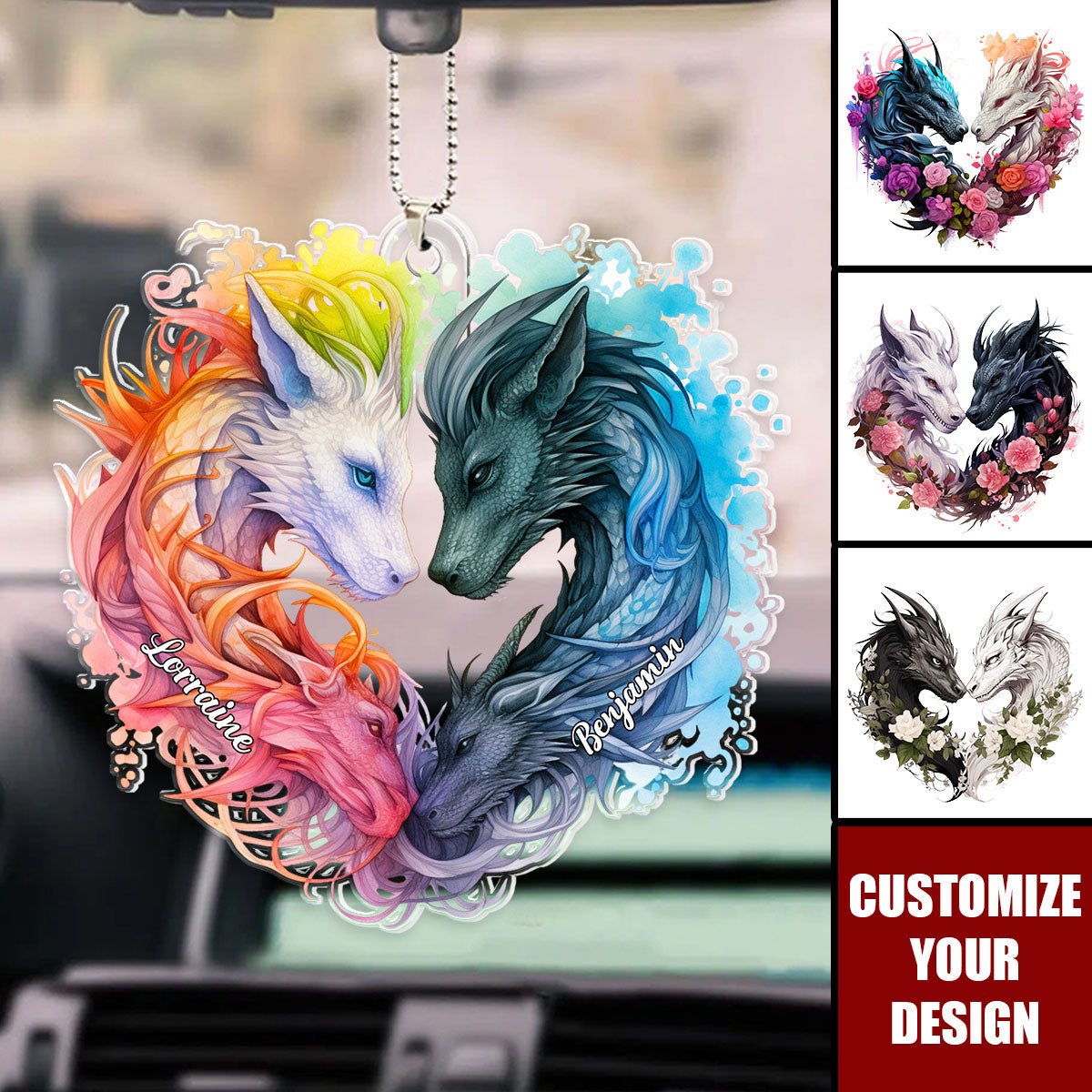 Couple Black And White Dragons - Personalized Acrylic Car Ornament