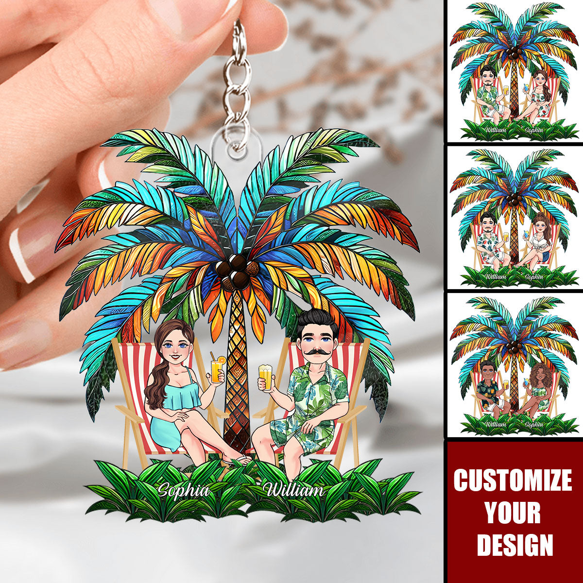 Under The Palm Tree Happy Couple - Personalized Couple Keychain