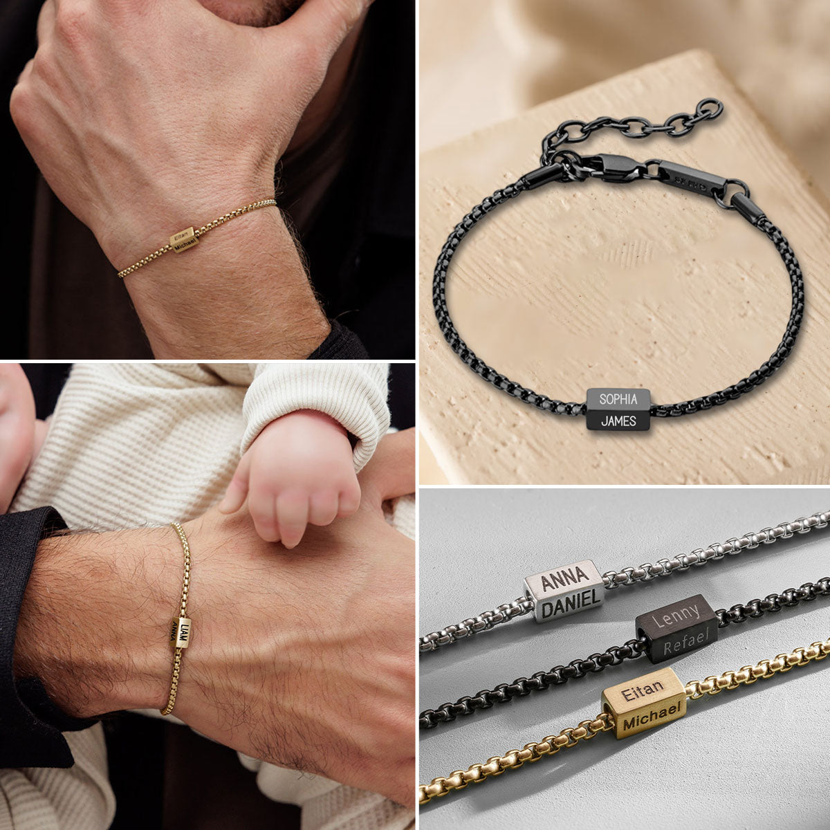 Stainless Steel Square Pearl Cube Personalized Bracelet, Gift For Dad