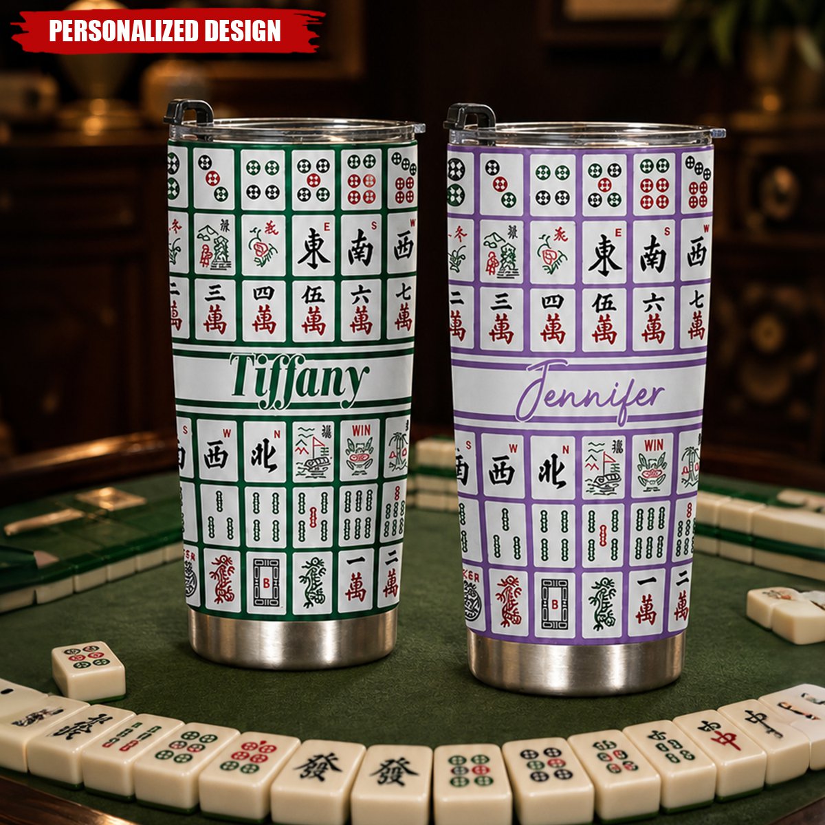 Personalized Mahjong Tiles Stainless Steel Tumbler - Custom Name Mahjong Lover 20oz Travel Cup