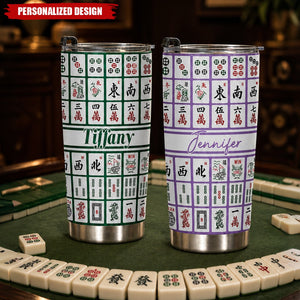 Personalized Mahjong Tiles Stainless Steel Tumbler - Custom Name Mahjong Lover 20oz Travel Cup