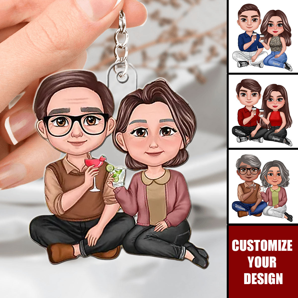 Doll Couple Sitting Personalized Acrylic Keychain
