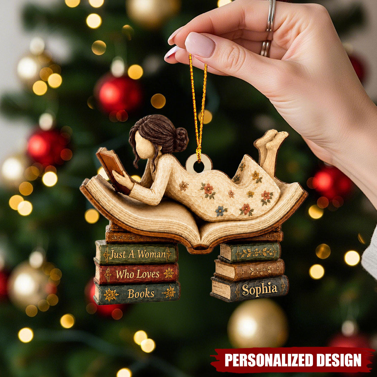 Vintage Style Woman Reading Book Stack - Personalized Name Wooden Ornament
