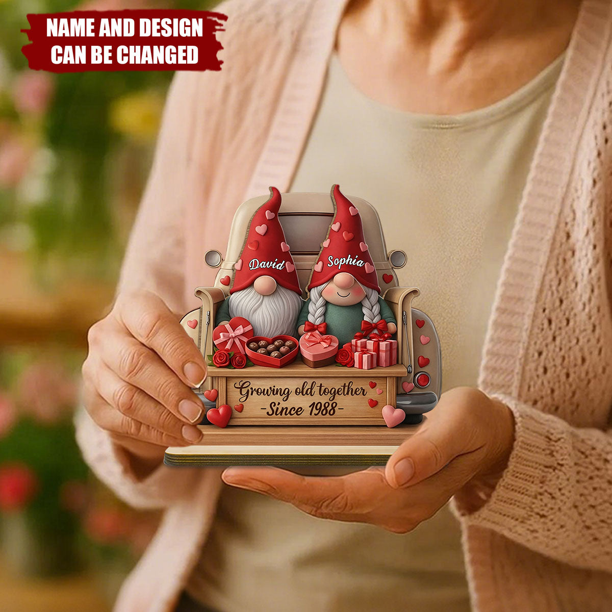 Growing Old Together, Hearts, And Roses - Personalized Standing Wooden Plaque