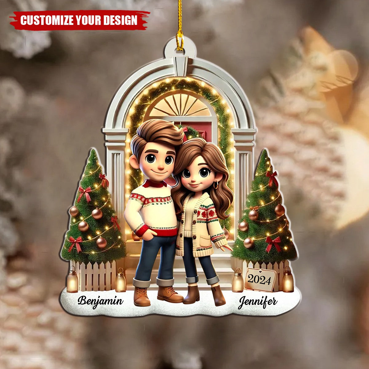 Pretty Couple Standing On The Front Porch - Personalized Acrylic Christmas Ornament