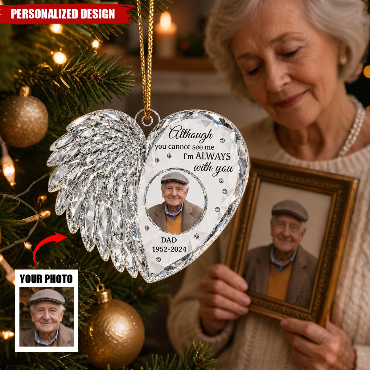 Personalized Angel Wing Heart Acrylic Photo Ornament - Custom Memorial Ornament