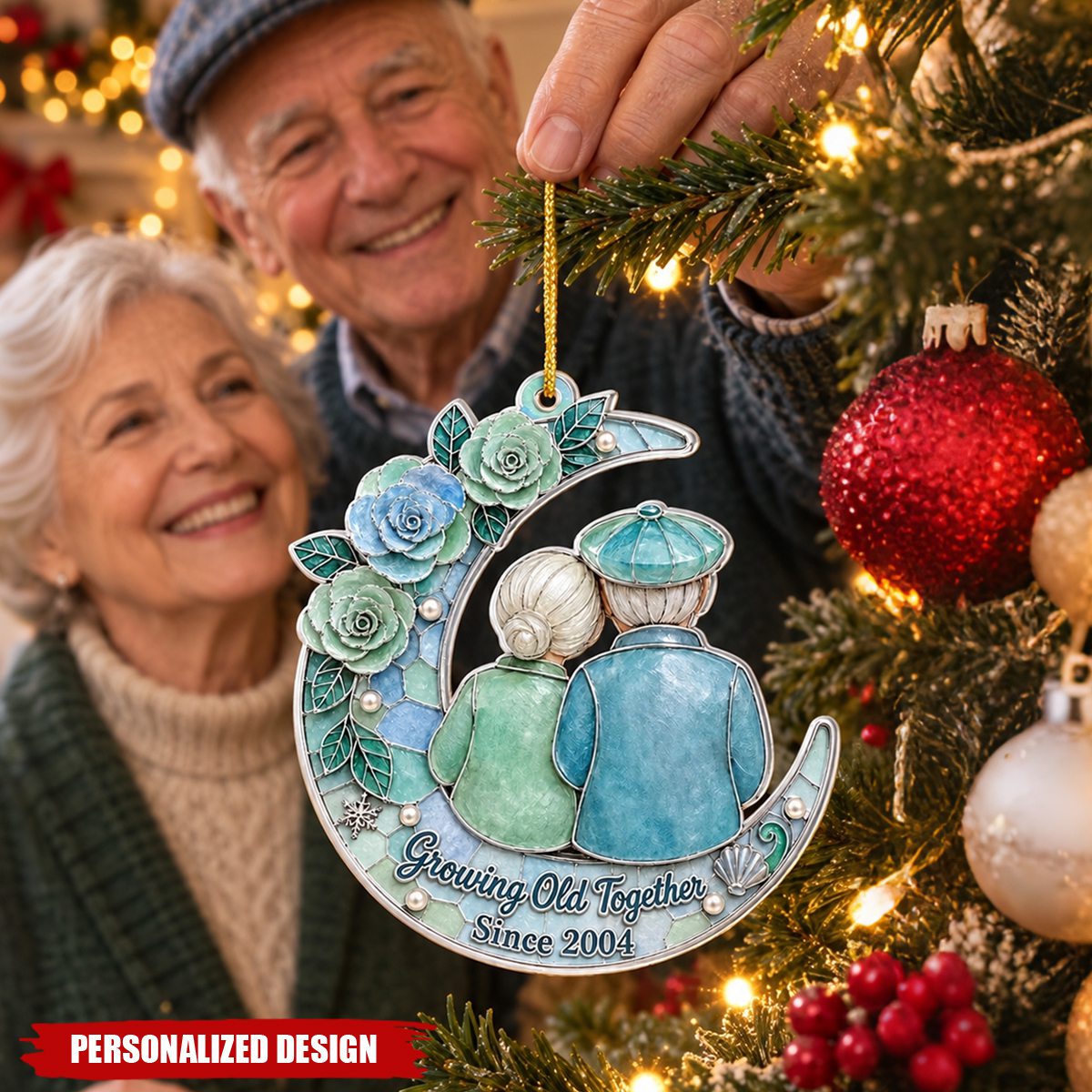 Personalized Growing Old Together Couple Moon Christmas Ornament
