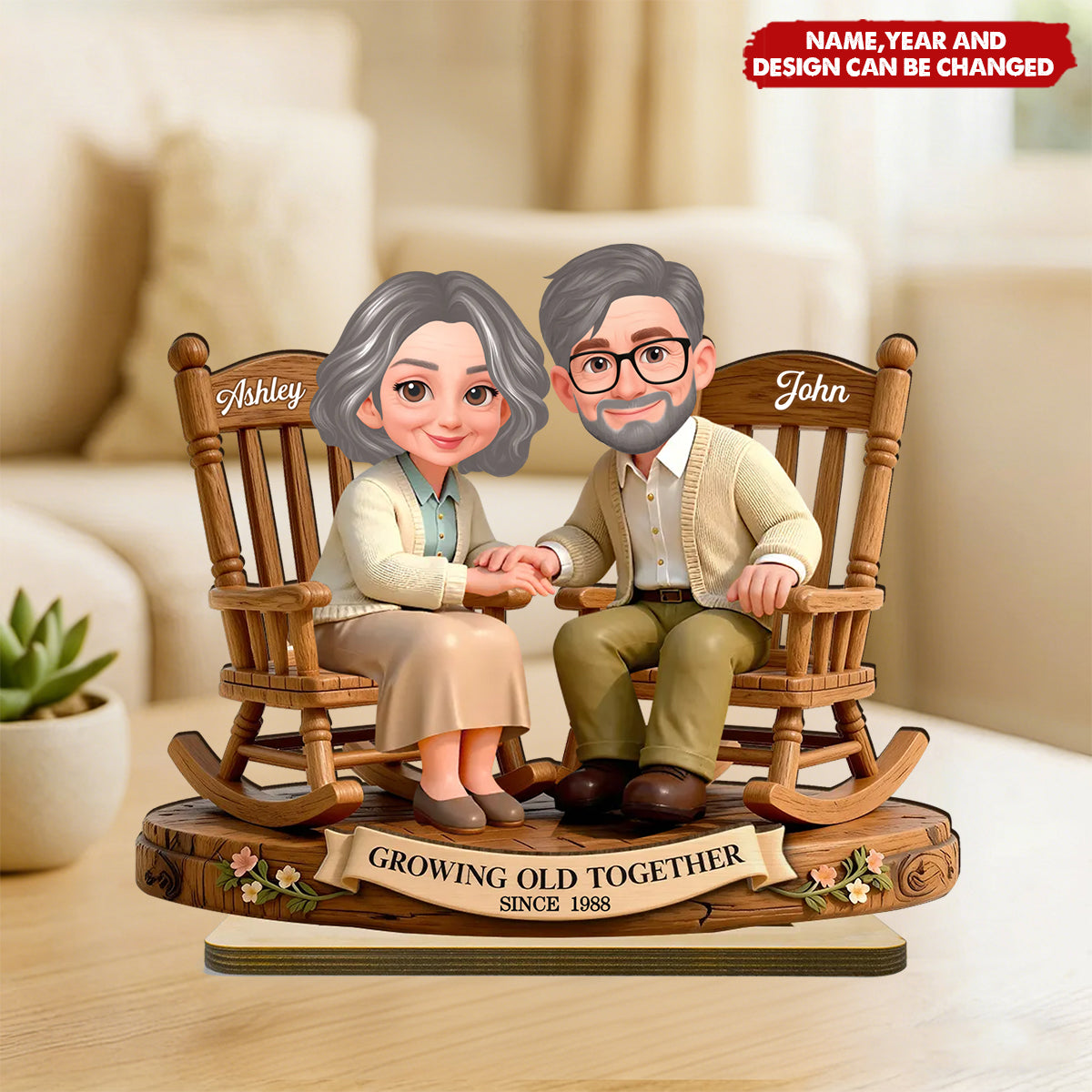 Eternal Love Couple On Rocking Chairs Growing Old Together - Personalized 2-Layered Wooden Plaque