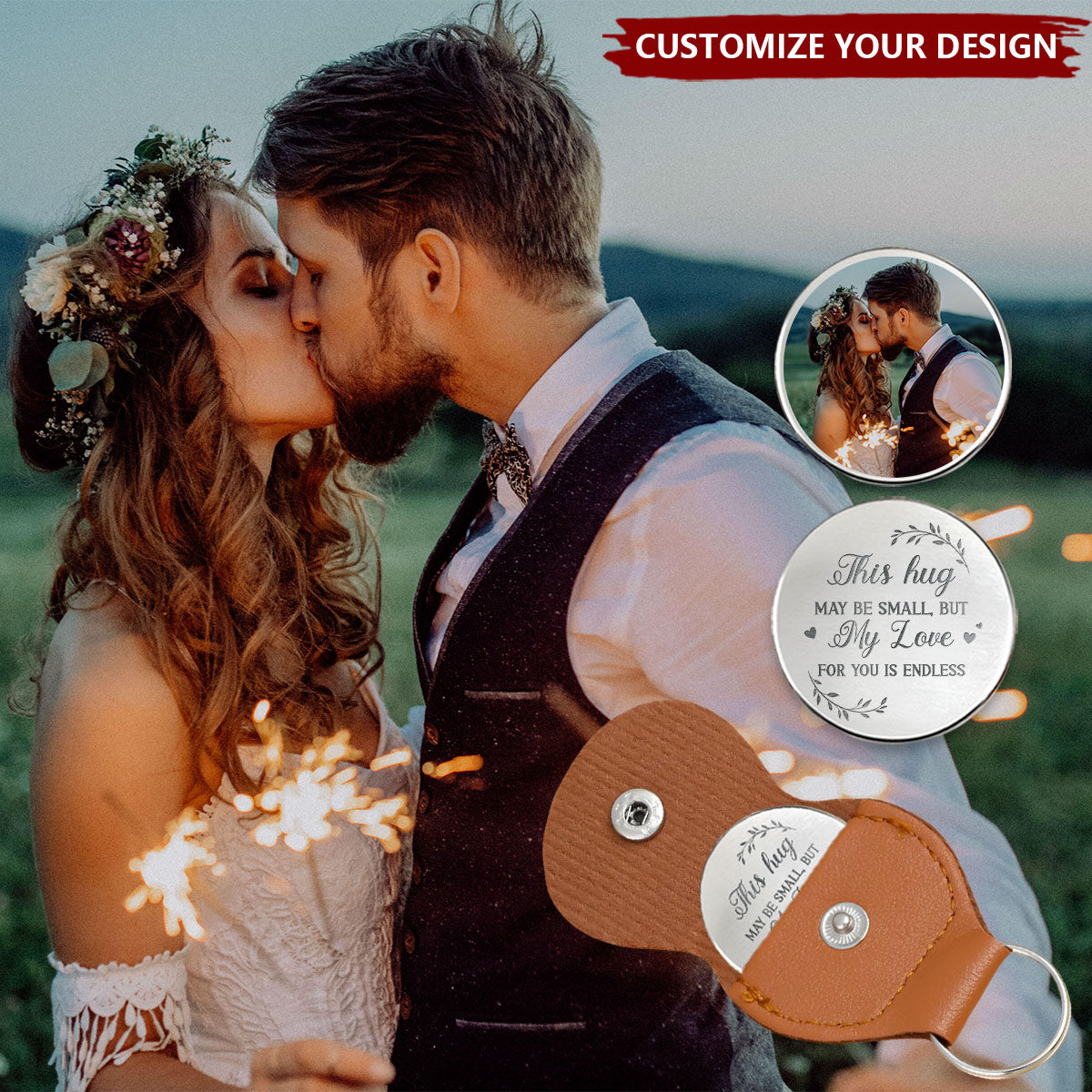 Custom Photo Gift For Couple - Personalized Leather Pocket Hug Keychain