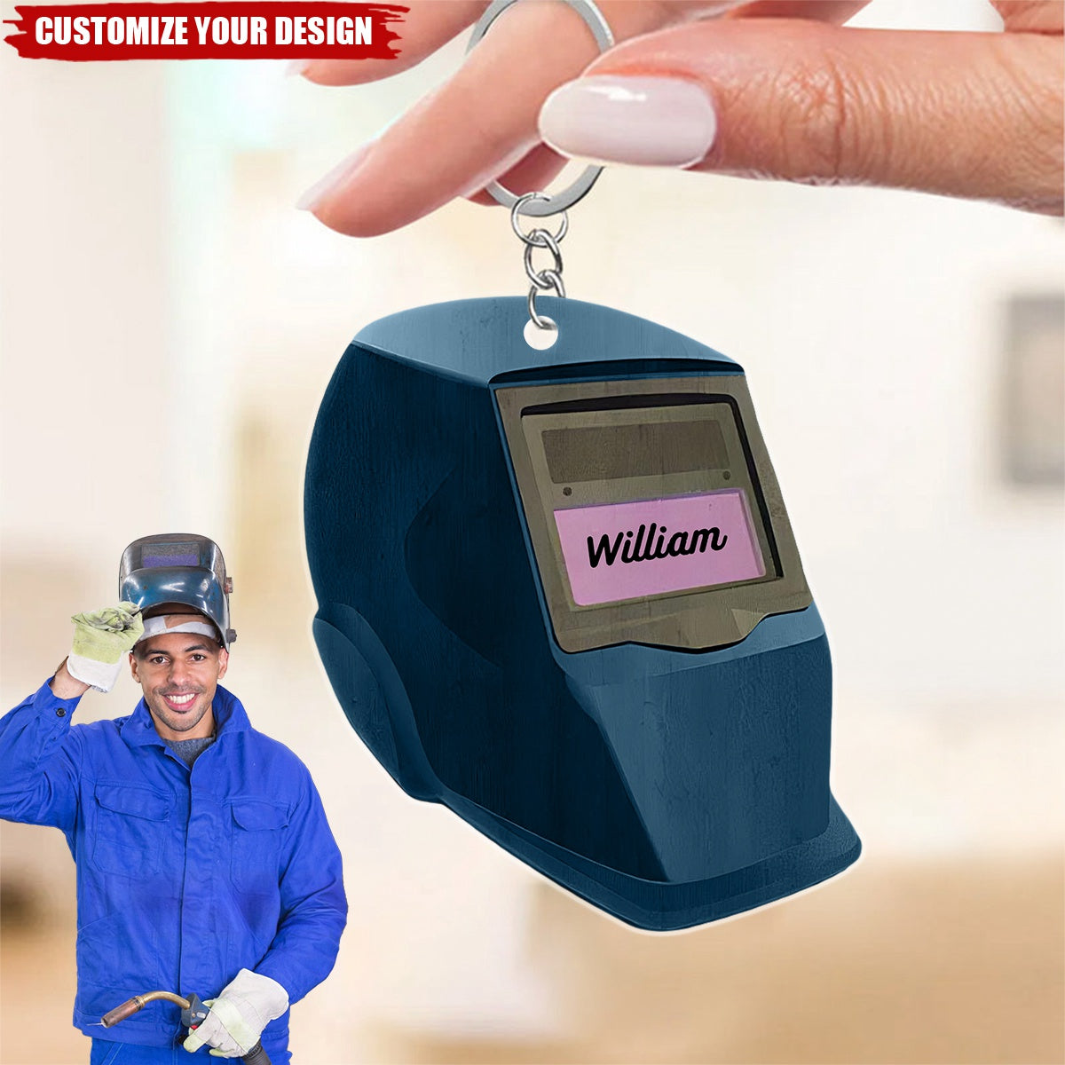 Fire Welding Helmet - Personalized Acrylic Christmas Keychain