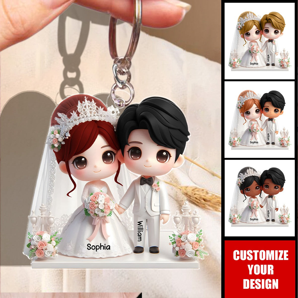Cute Wedding Couple Holding Hands - Personalized Keychain
