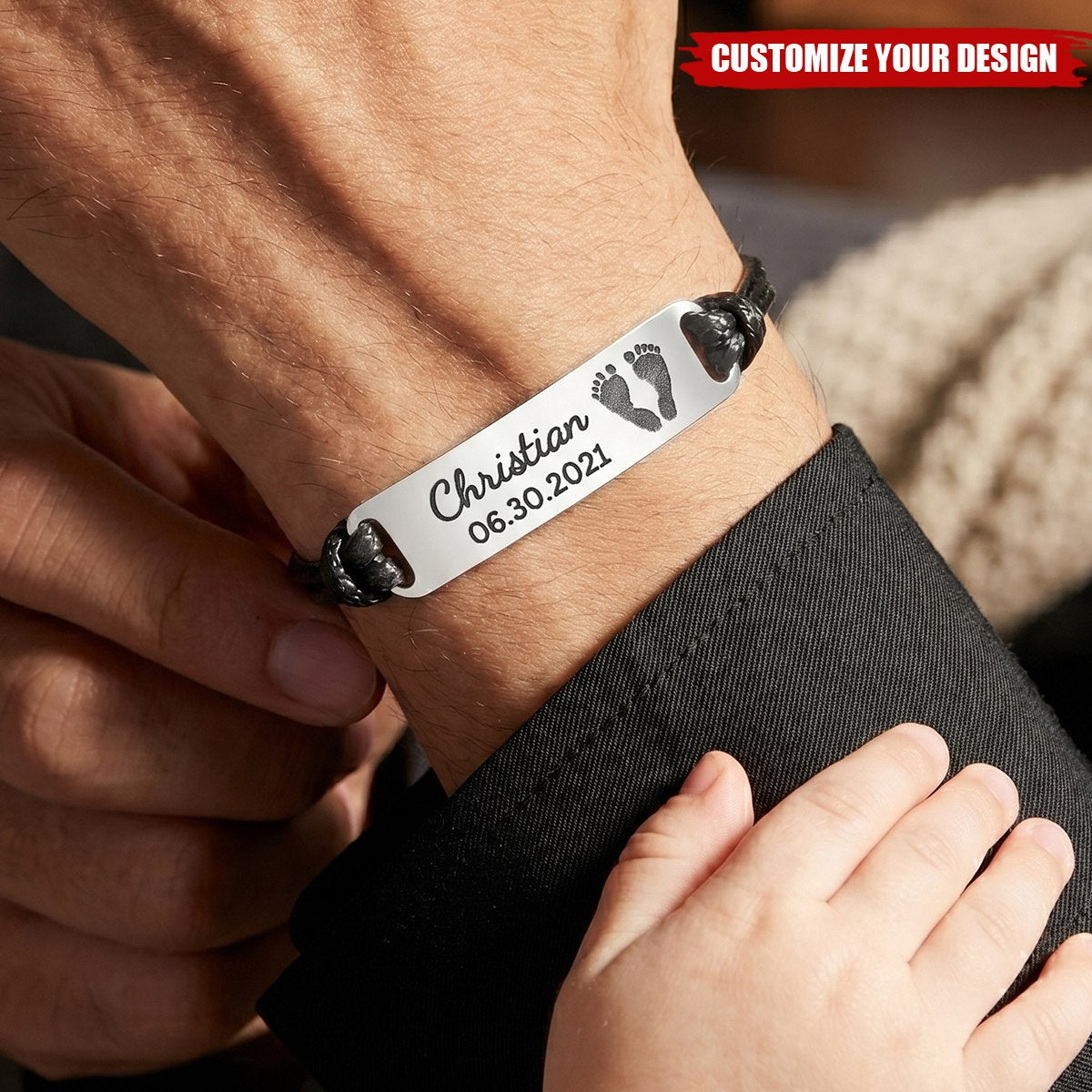 Baby Footprints Leather Bracelet - Personalized Bracelet for Dad, Husband Fathers Day Gift