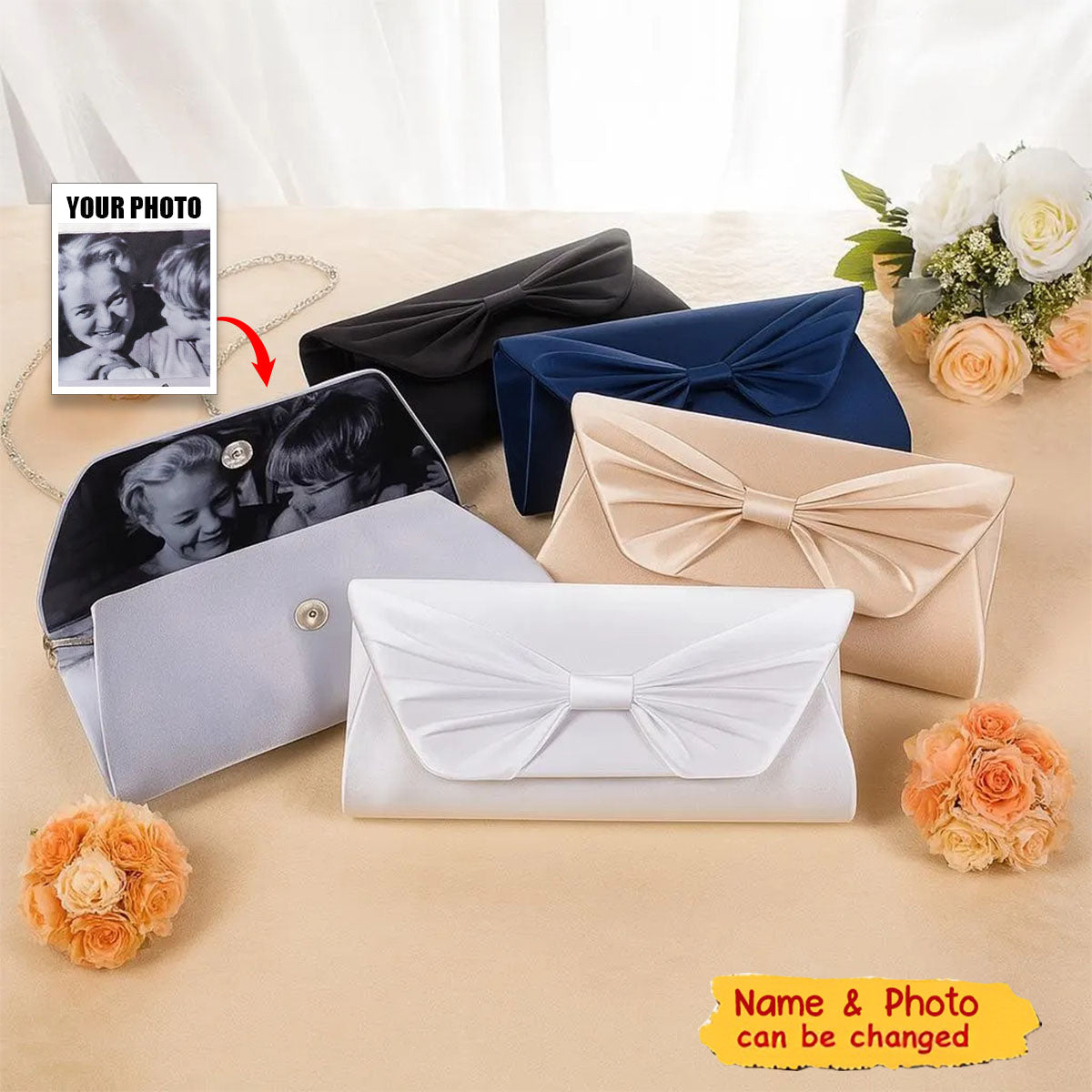 Personalized Silk Bow Tie Clutch With Photo Purse