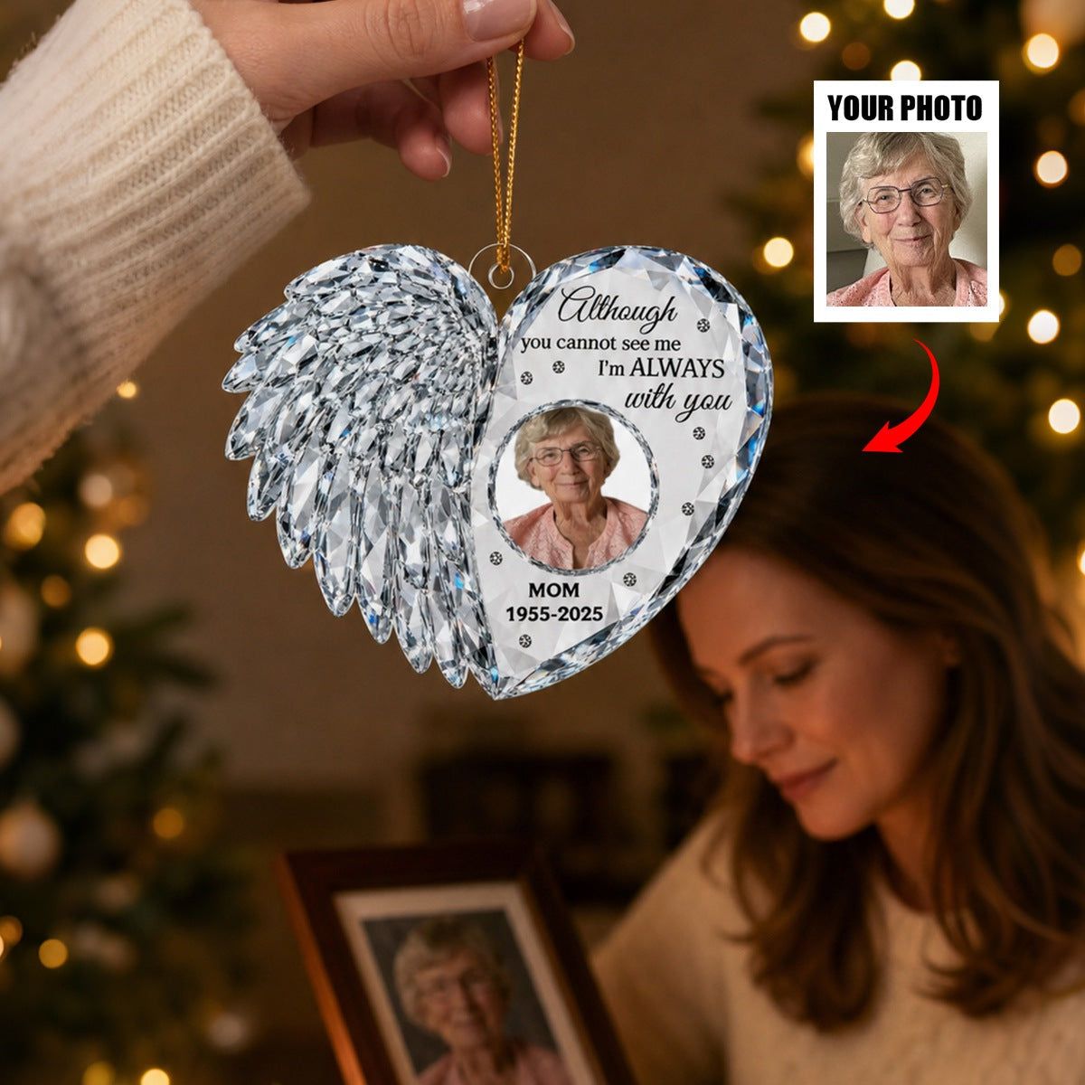 Personalized Angel Wing Heart Acrylic Photo Ornament - Custom Memorial Ornament