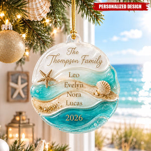 Personalized Beach Wave Family Names Acrylic Ornament - Custom Year Coastal Christmas Keepsake