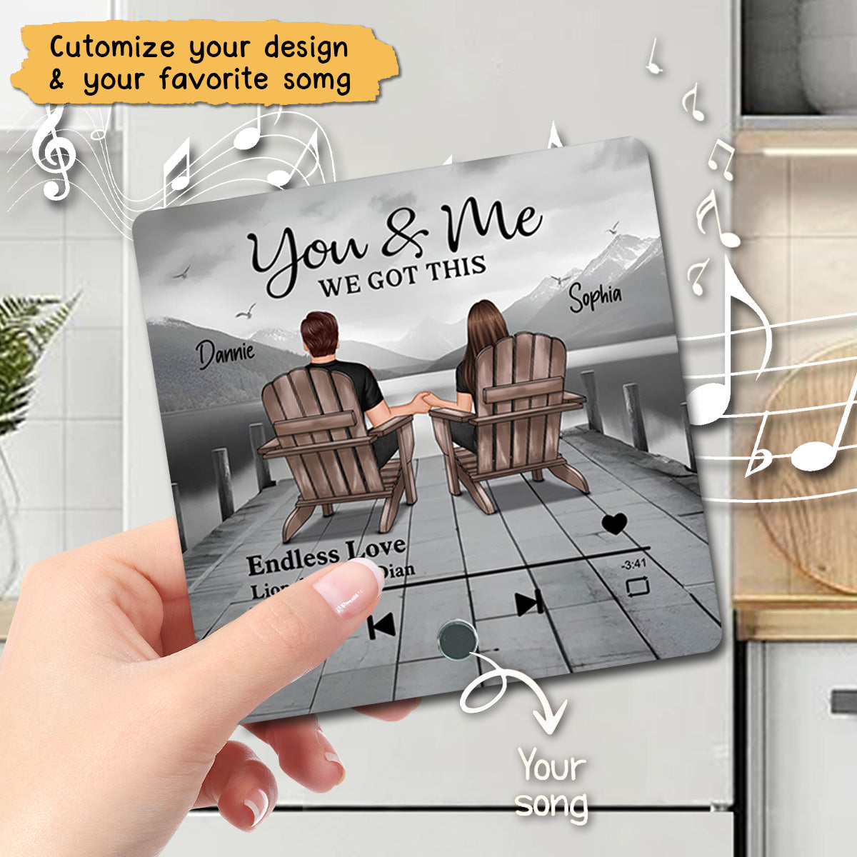 Eternal Love Couple Sitting On The Lake Dock Personalized Music Fridge Magnet