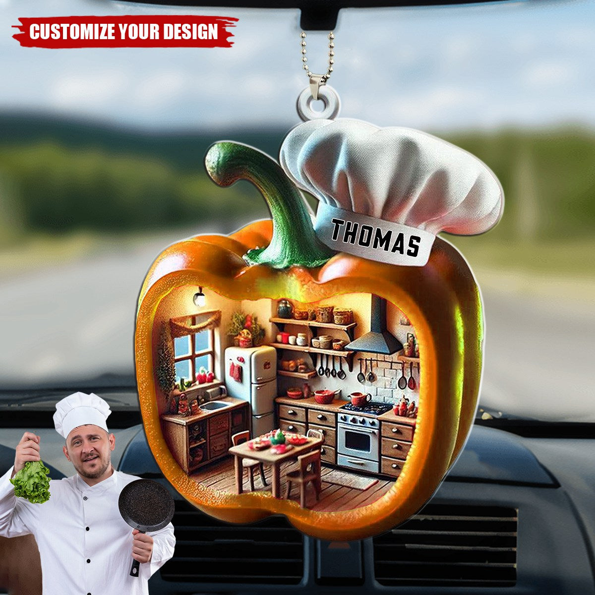 Chef Kitchen With Bell Pepper Design - Personalized Acrylic Car Ornament