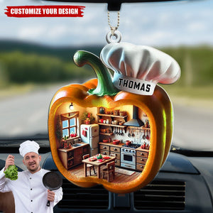 Chef Kitchen With Bell Pepper Design - Personalized Acrylic Car Ornament