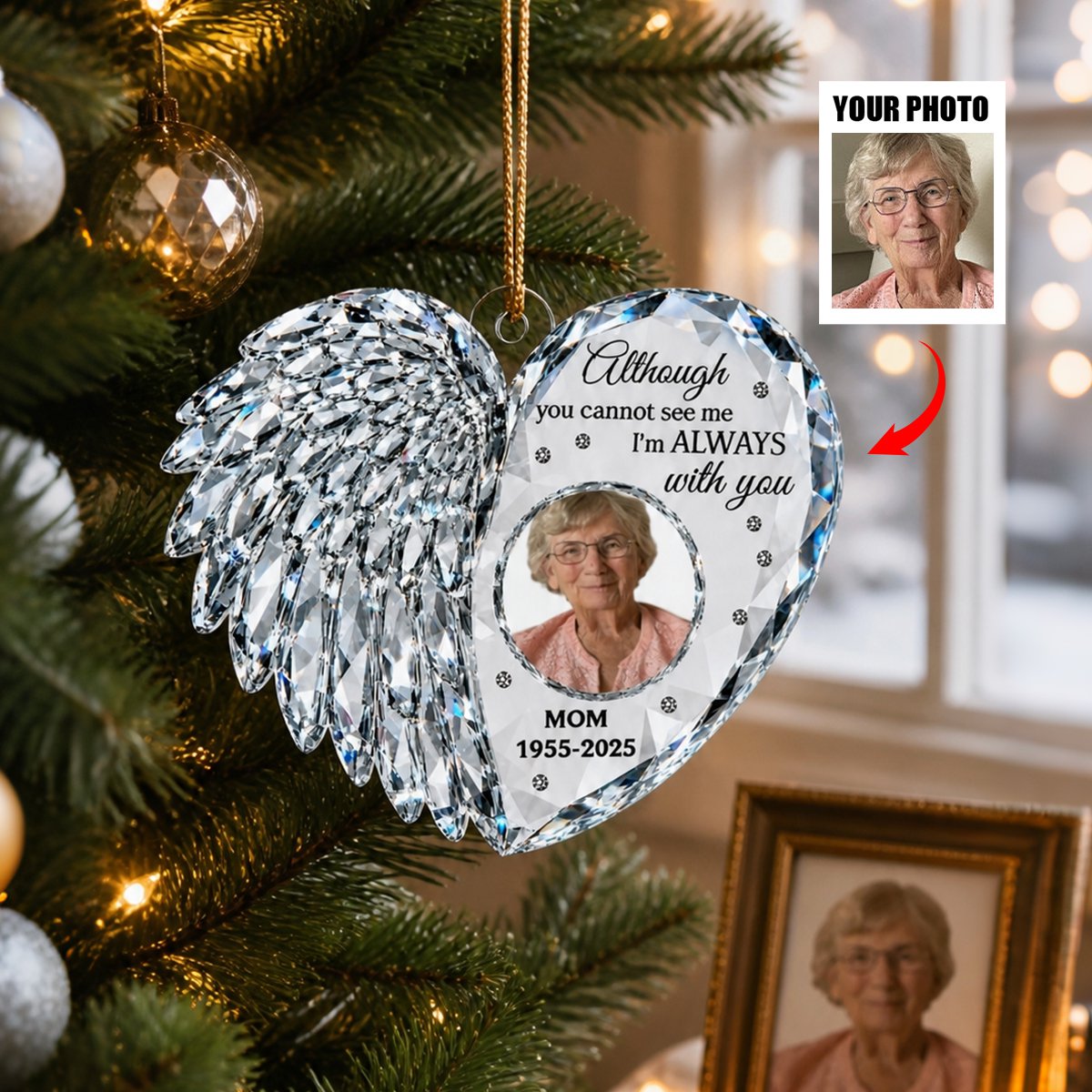 Personalized Angel Wing Heart Acrylic Photo Ornament - Custom Memorial Ornament