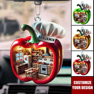 Chef Kitchen With Bell Pepper Design - Personalized Acrylic Car Ornament