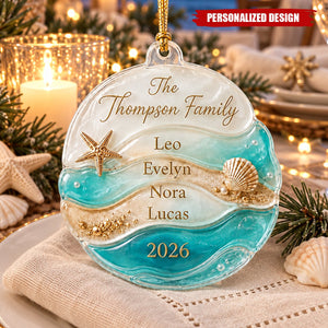 Personalized Beach Wave Family Names Acrylic Ornament - Custom Year Coastal Christmas Keepsake