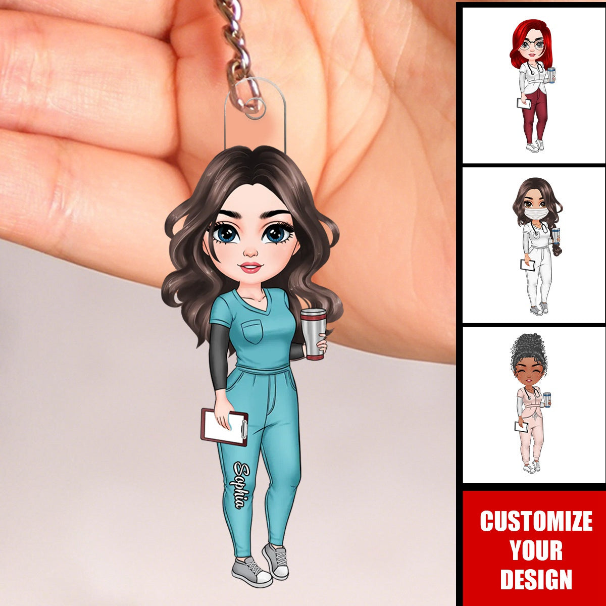 Nurse Cartoon Character Personalized Acrylic Keychain - Gift For Nurse