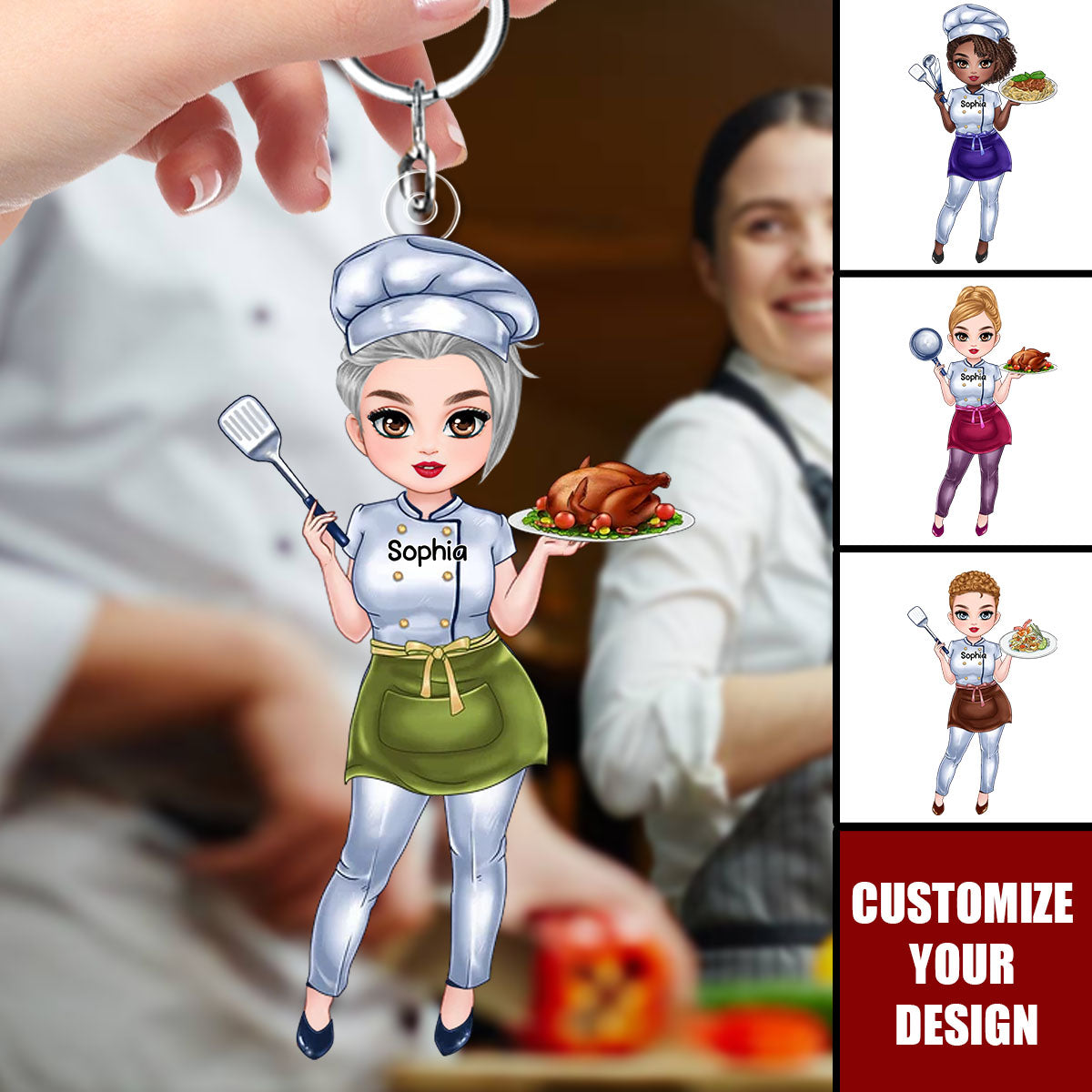 Custom Cartoon Female Chef - Personalized Acrylic Keychain