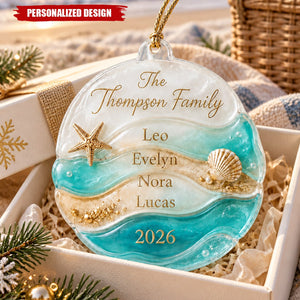 Personalized Beach Wave Family Names Acrylic Ornament - Custom Year Coastal Christmas Keepsake