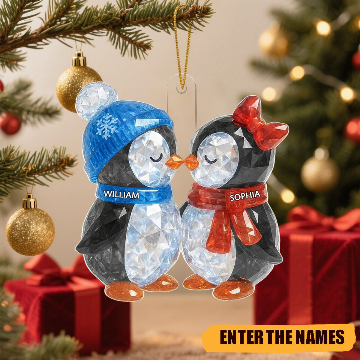 Christmas Penguins Couple Crystal Effect Personalized Acrylic Ornament - Heartwarming Christmas Gift for Couple
